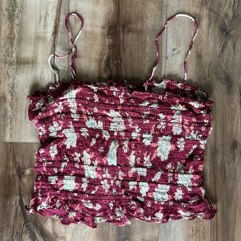 Free People Meridien Spaghetti Strap Tank Y2K Crop Top Maroon Floral Smocked XS